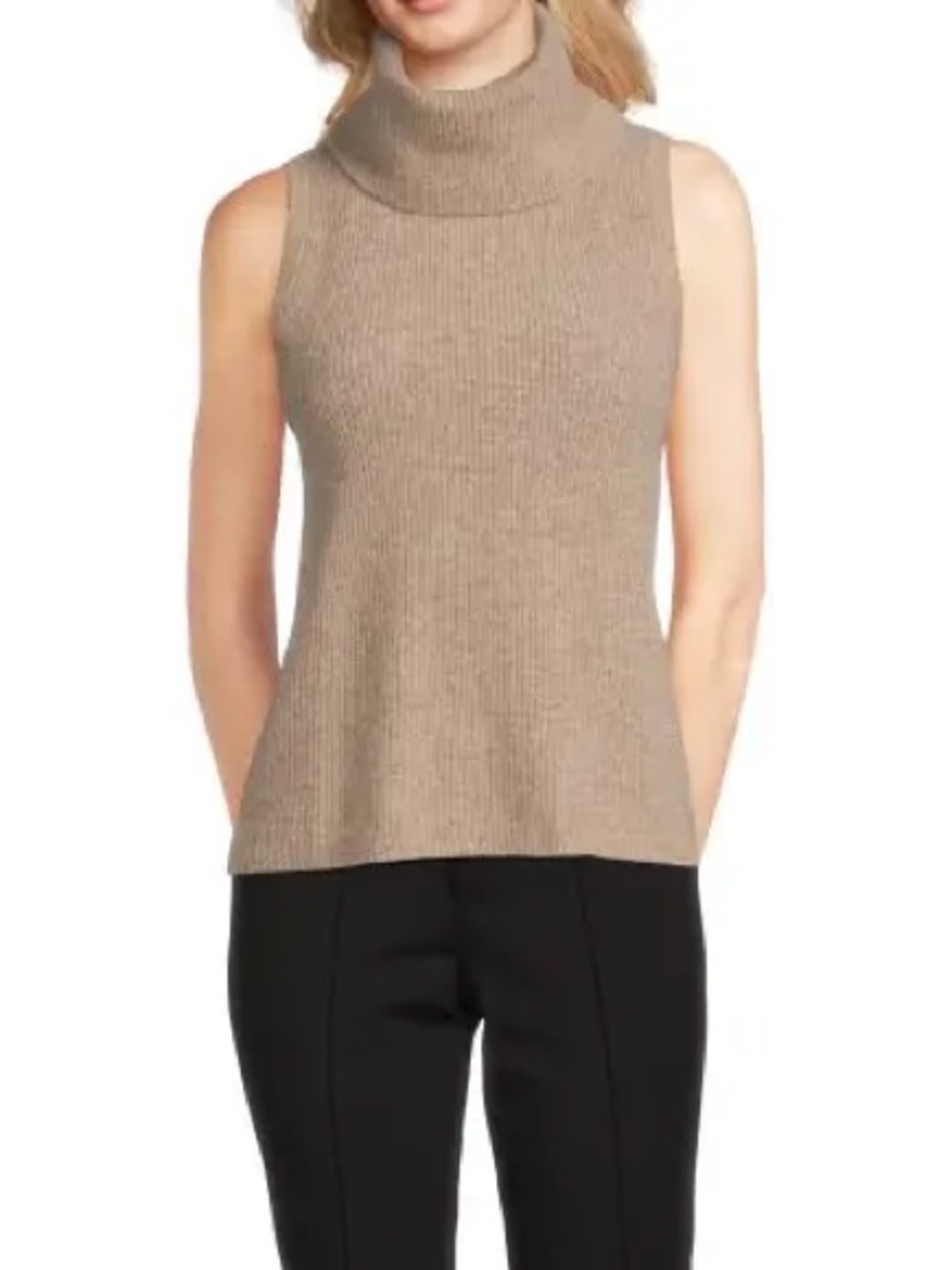 Saks Fifth Avenue Cashmere Sleeveless Ribbed Turtleneck Sweater Beige Oatmeal  L